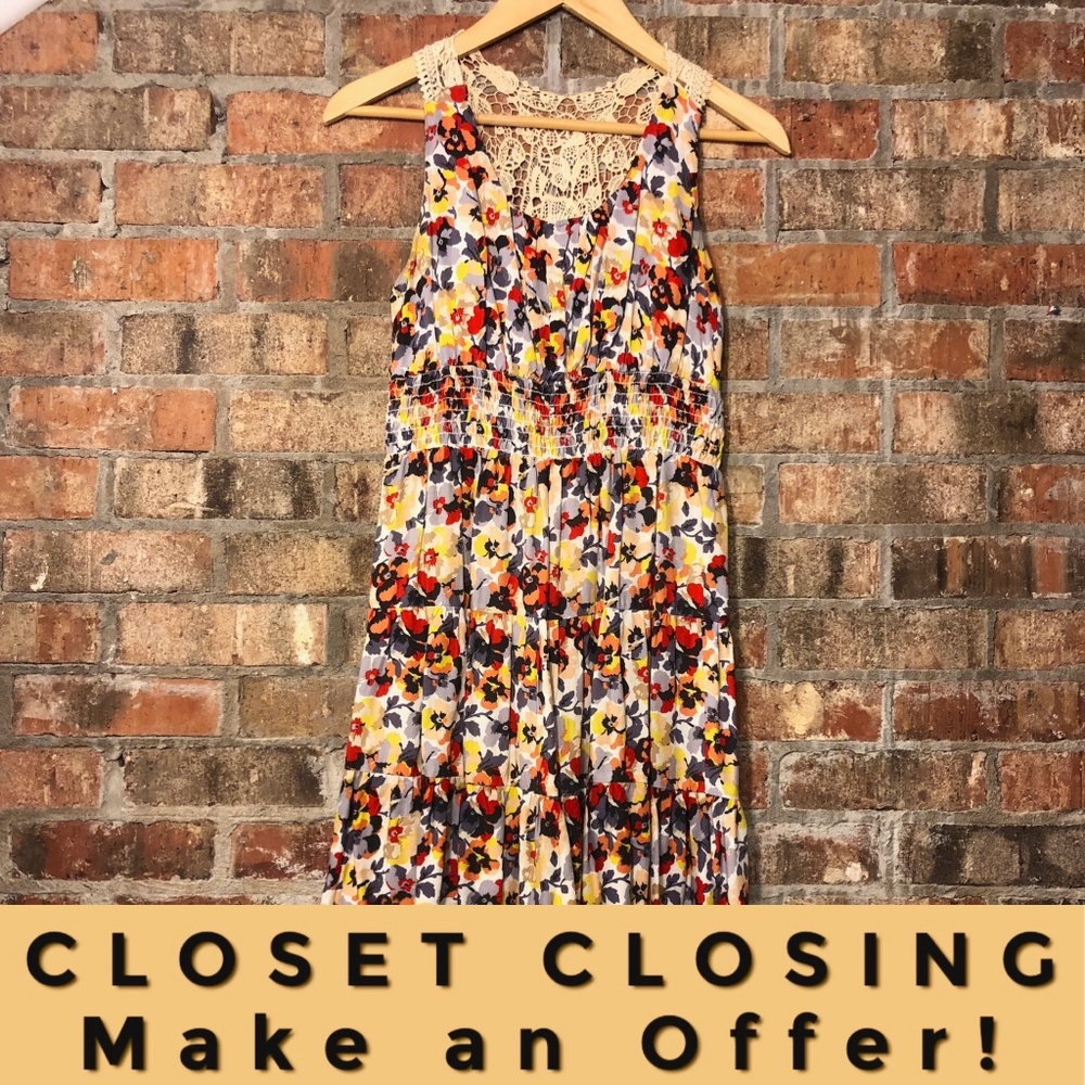 Bright pansy floral dress with crochet back